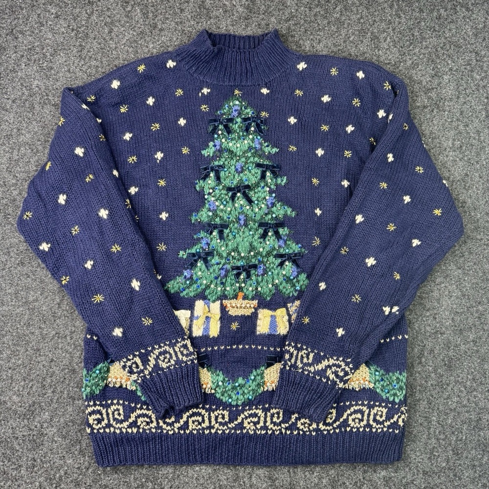 Vtg Marisa Christina 1994 Christmas Tree Embellished Sweater Blue Holiday 90s M